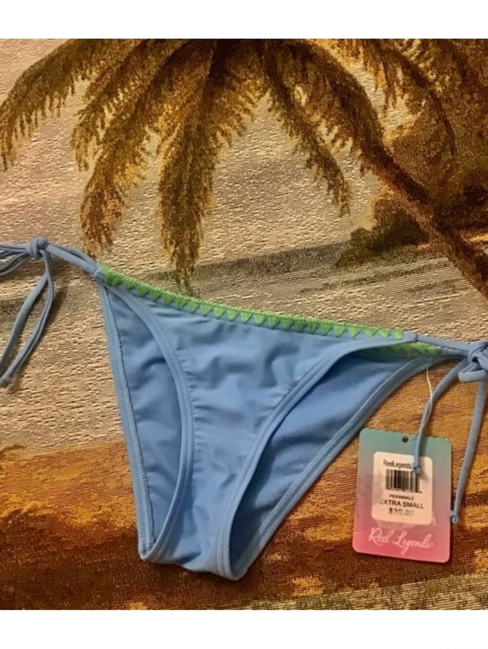 Reel Legends String Bikini Size XS Baby Blue Green Embroidery Around Edge NWT